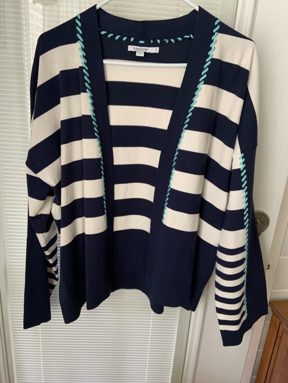 Chico's Navy & White Striped Open Cardigan with Teal Trim Accents